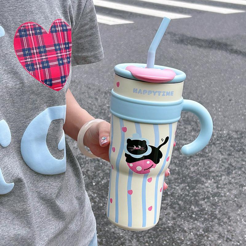 Cute Cartoon Insulated Travel Mug With Handle For Office And Outdoor Use