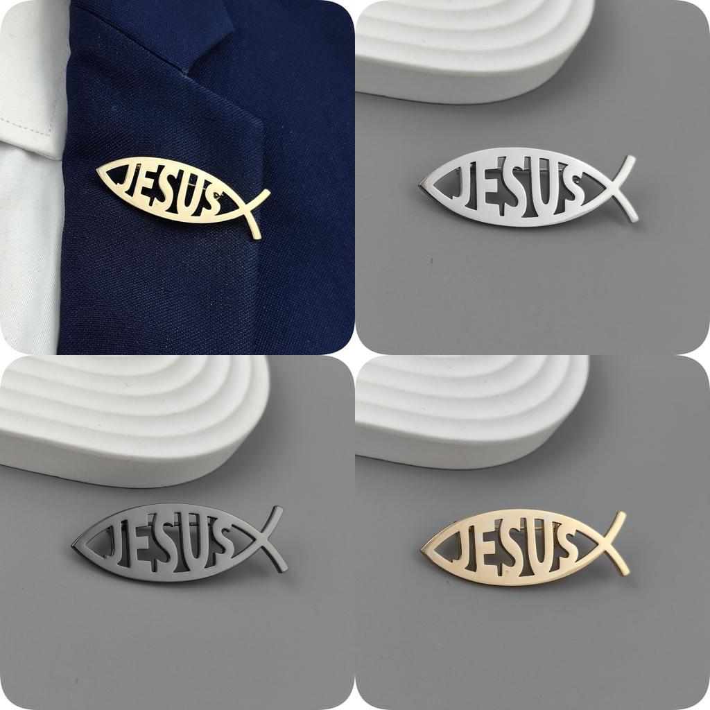 Stainless Steel Jesus Letter Fish Brooch Men's Shirt Suit Badge Pins Fashion Jewelry Accessories Religious Christian Gift