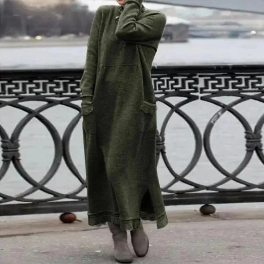 Yeni Sonbahar ve Kış Gevşek Uzun Etek Artı Kadife Sweatshirt Günlük Elbise Kadın Moda Düz O Yaka Uzun Kollu Tatil Elbisesi