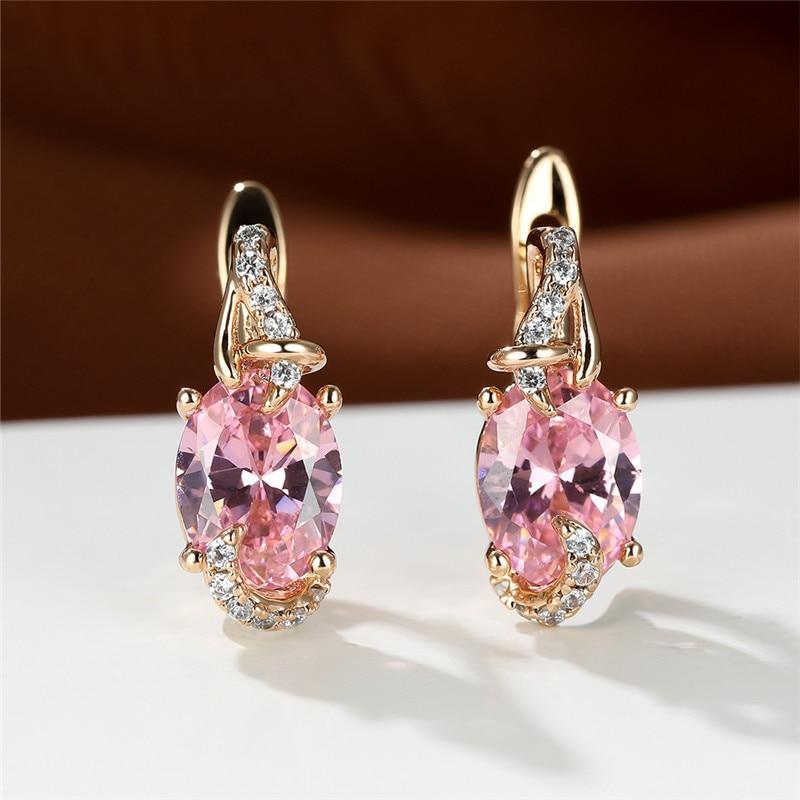 White Blue Pink Red Oval Stone Earrings Rose Gold Color Wedding Earrings Multicolor Zircon Charm Crystal Hoop Earrings For Women