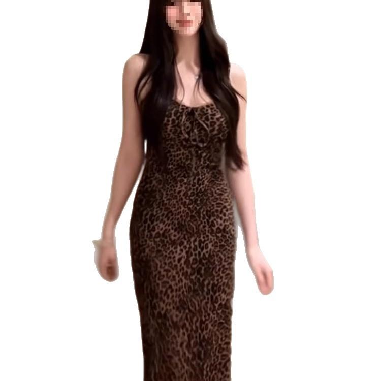 French niche leopard print suspender long dress women's summer night main store sexy backless dress waist hip skirt