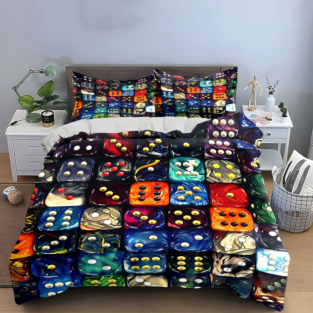 3Pcs Dice Pattern Bedding Set, Colorful Marbled Dice Print Duvet Cover + 2 Pillowcases, Funny Bedroom Decor