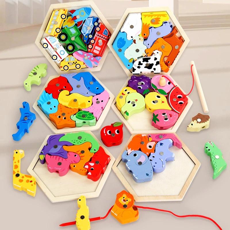 Puzzle din lemn 2 în 1 Joc de pescuit Puzzle 3D creativ Joc de puzzle Jocuri educative pentru copii pentru învățarea timpurie