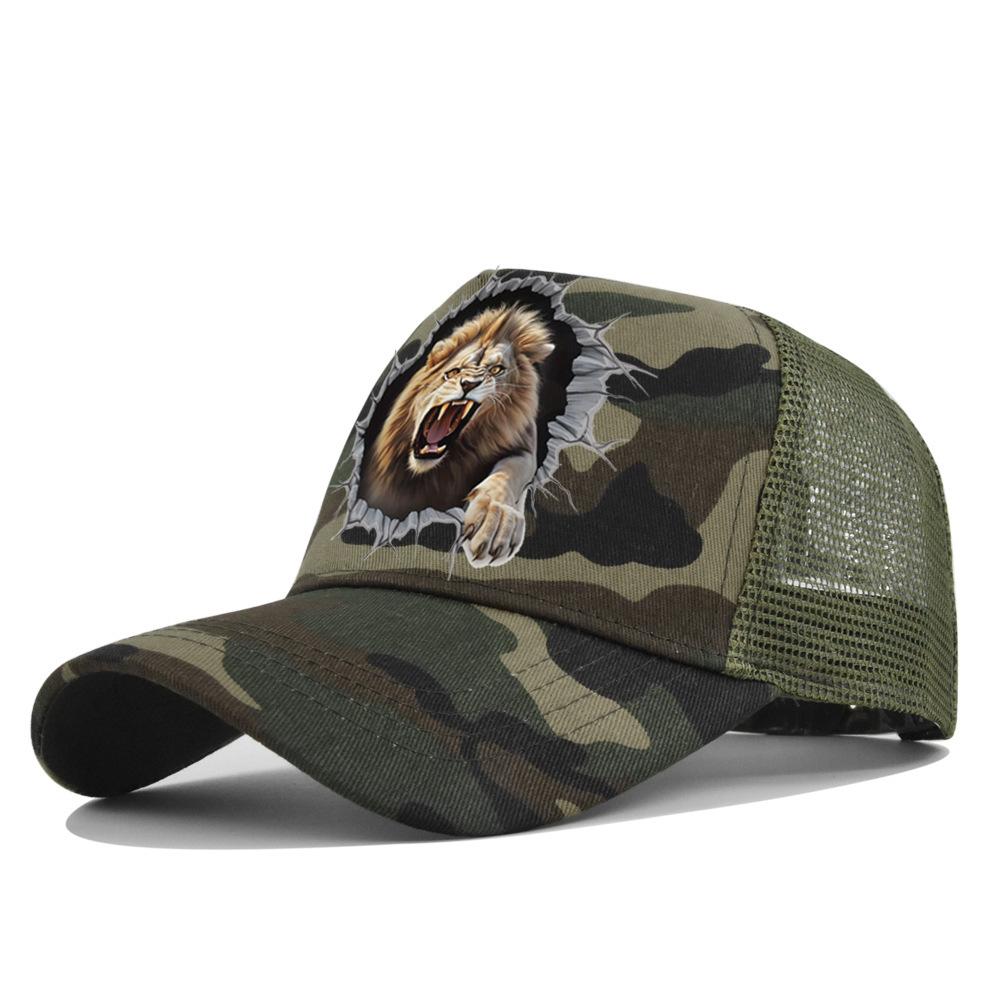 Unisex Lion Animal Print Washed Retro Soft Top Baseball Cap, Adjustable Brim Trucker Hat for Outdoor Activities and Fishing