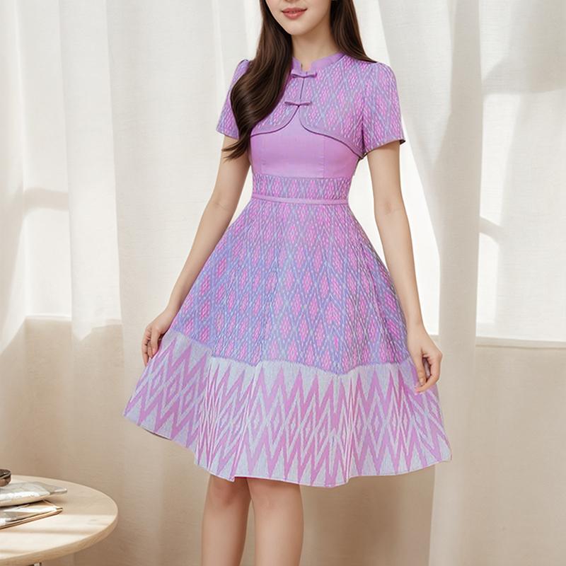 ZANZEA Women Summer Stand Collar Casual Short Sleeve Print Dress