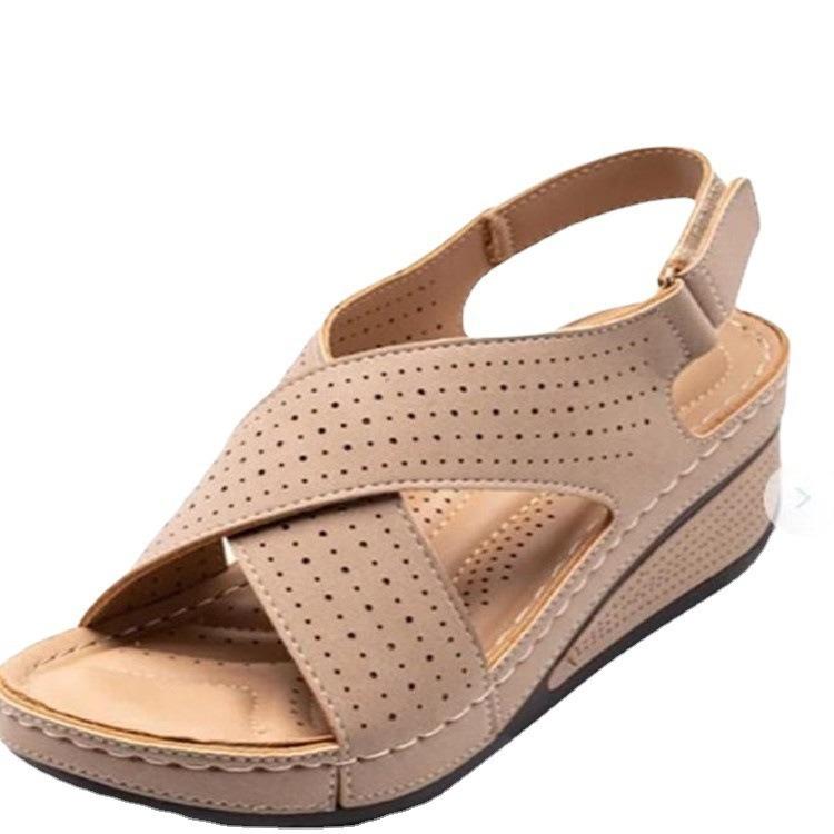 Sandals women's summer 2025 new European and American wedge heel sewing line breathable Velcro hollow mother shoes foreign trade women's shoes