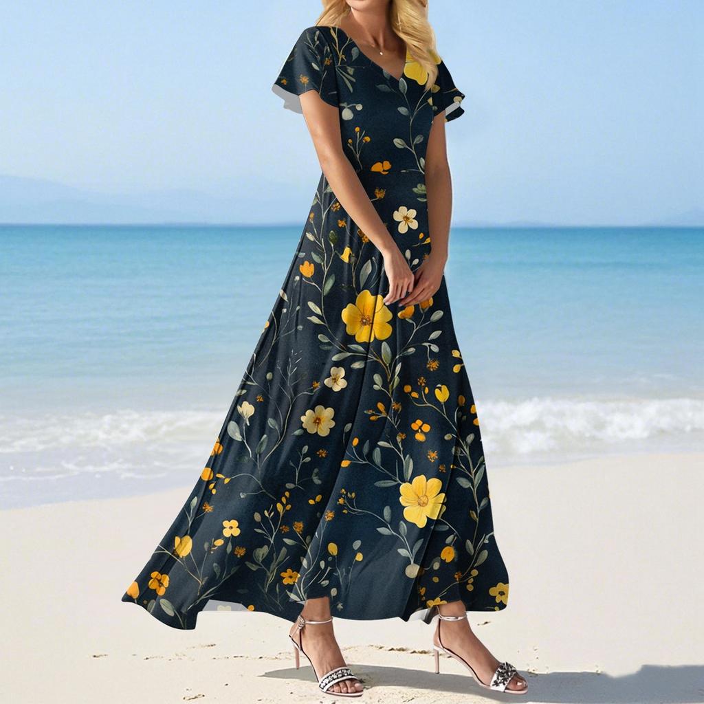 FashWomen's Loose Casual V-Neck Short Sleeved High Waisted Print Dress