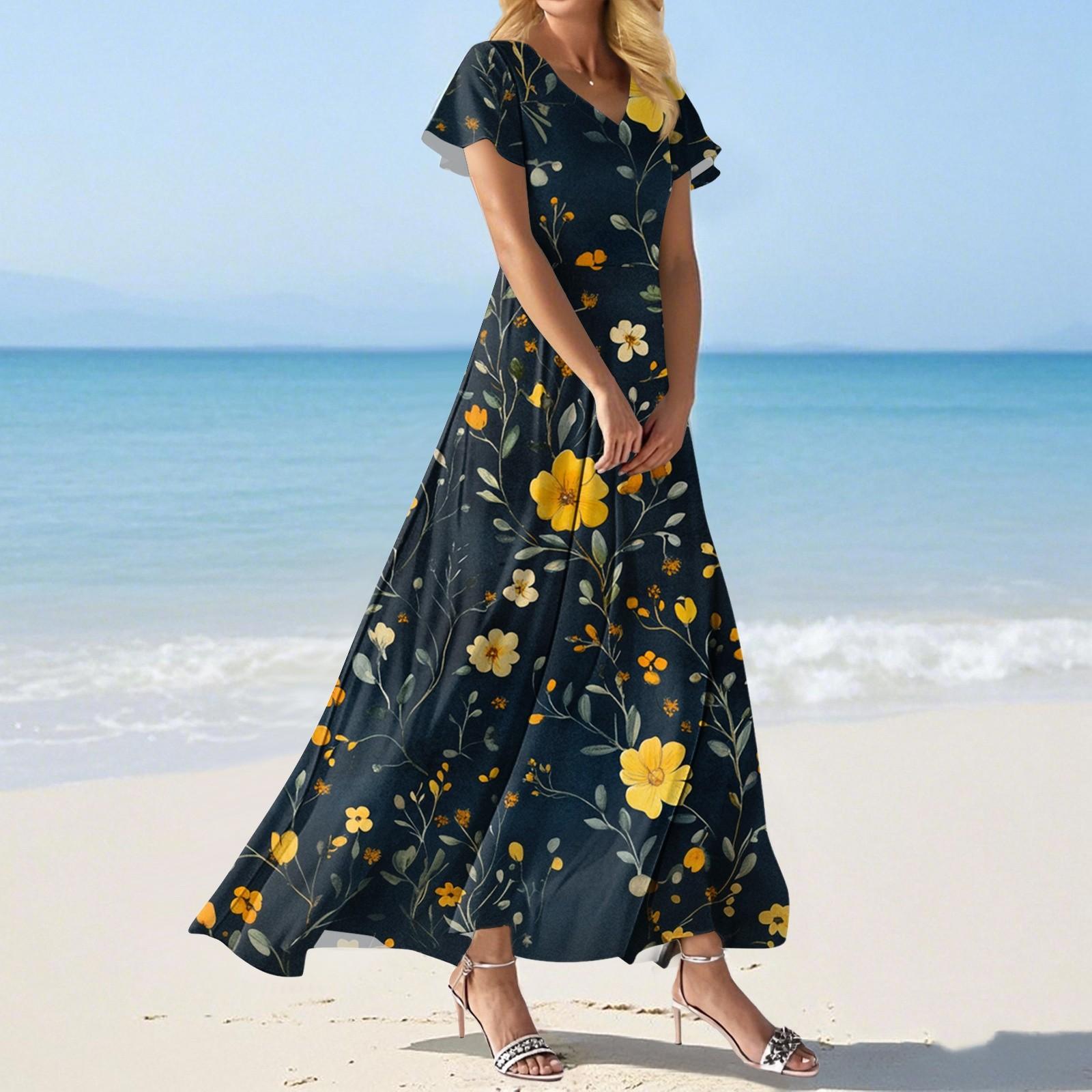 

Модное Женское свободное повседневное платье с V-образным вырезом, короткими рукавами и высокой талией XL тёмно-синий