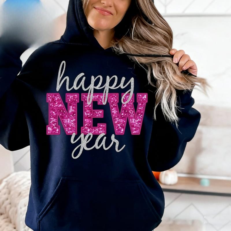 Happy Holidays New Year Sequins Glitter Instant Sublimation Download Digital Desigl Pink and Silver Winter Matching Hoodies