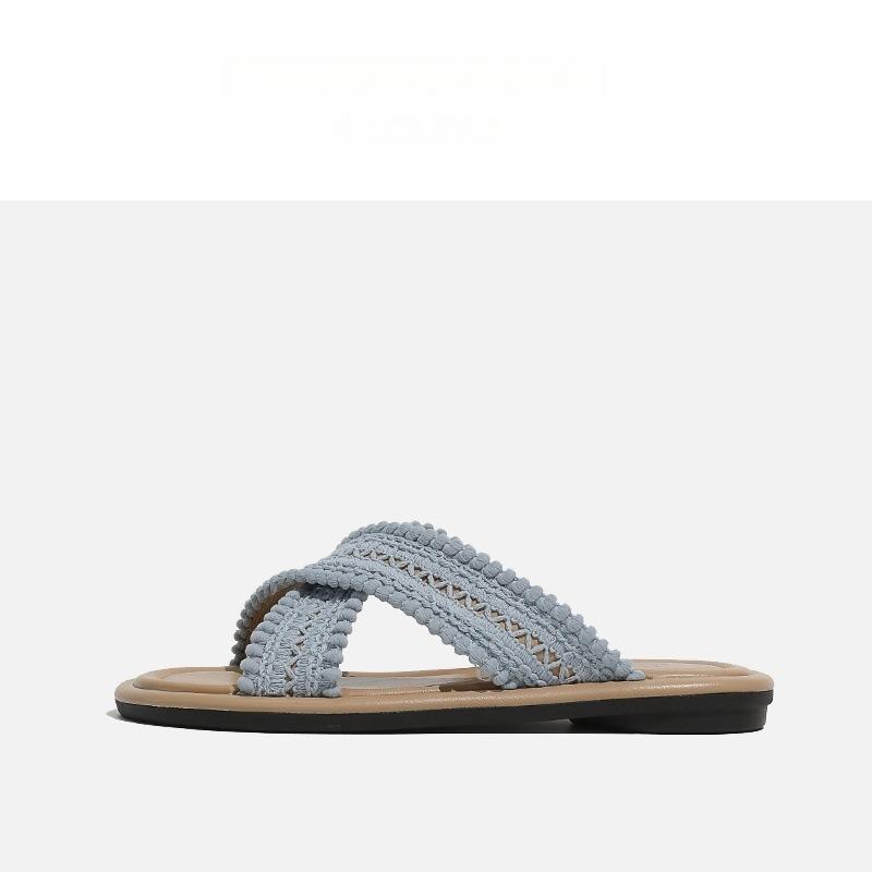 

Niche woven slippers women s knitted summer new versatile open-toed cross belt non-slip flat bottom sandals 35
