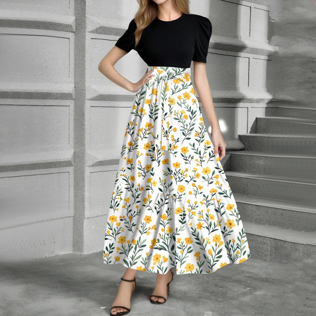 Women's Fashion Casual Belt Short Sleeve Round Neck Print Stitching Elegant Temperament Dress