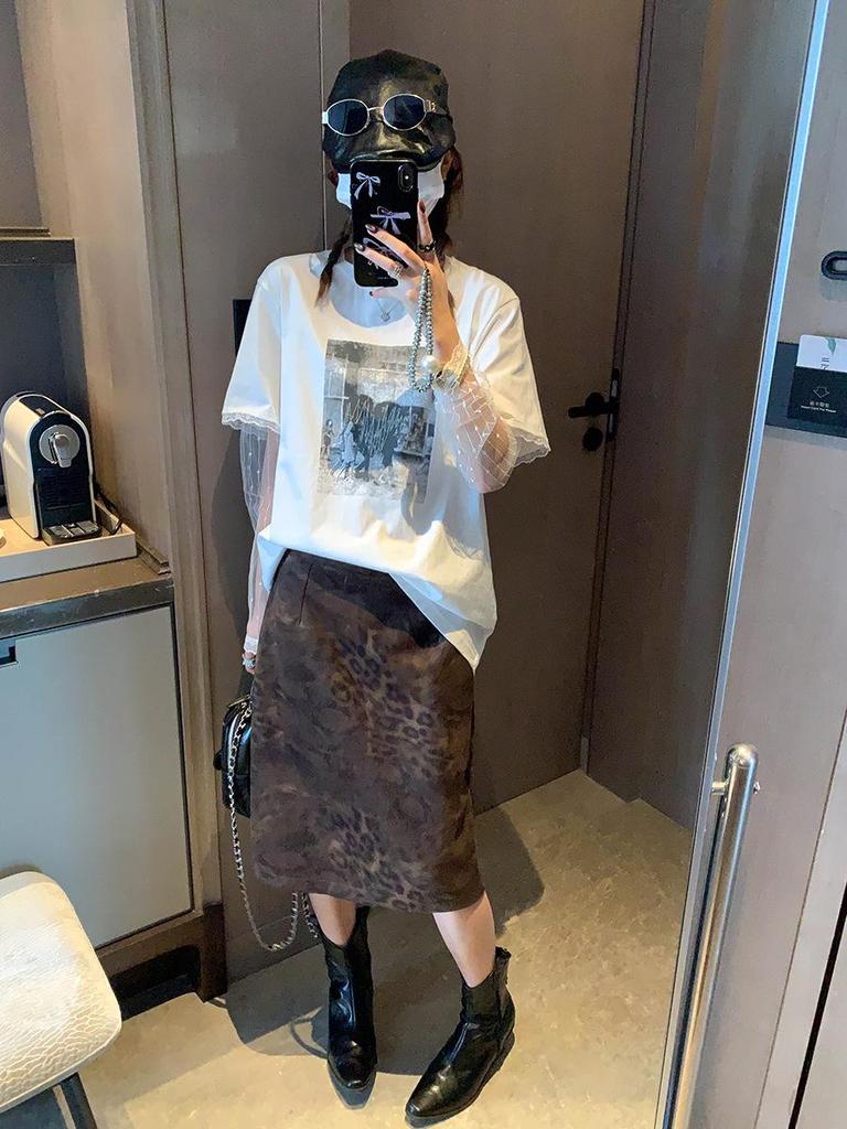 Mochie Spring Lace Patchwork Two-Piece Look Round Neck Printed Loose Slimming Long Sleeve T-Shirt