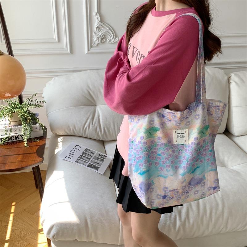 1 New Shoulder Floral Cotton Bag Pink Flower Sea Large Capacity Canvas Tote Handbag