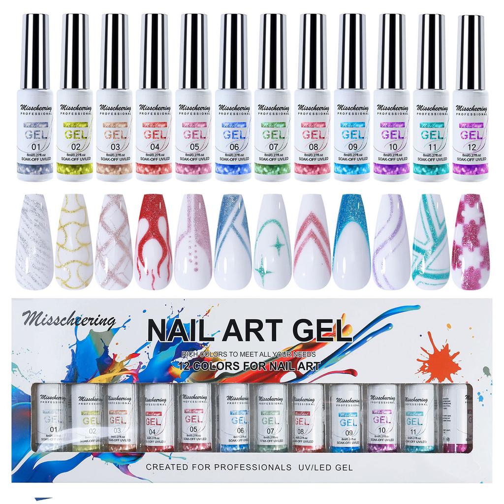 12 Salad Wire Glue 3D Painted Nail Wire Glue Nail Brush Glue Hook Set