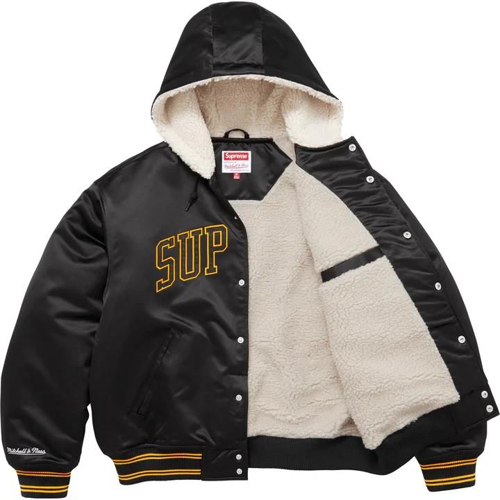 Supreme Mitchell Ness Lined Hooded Satin Varsity Jacket Black