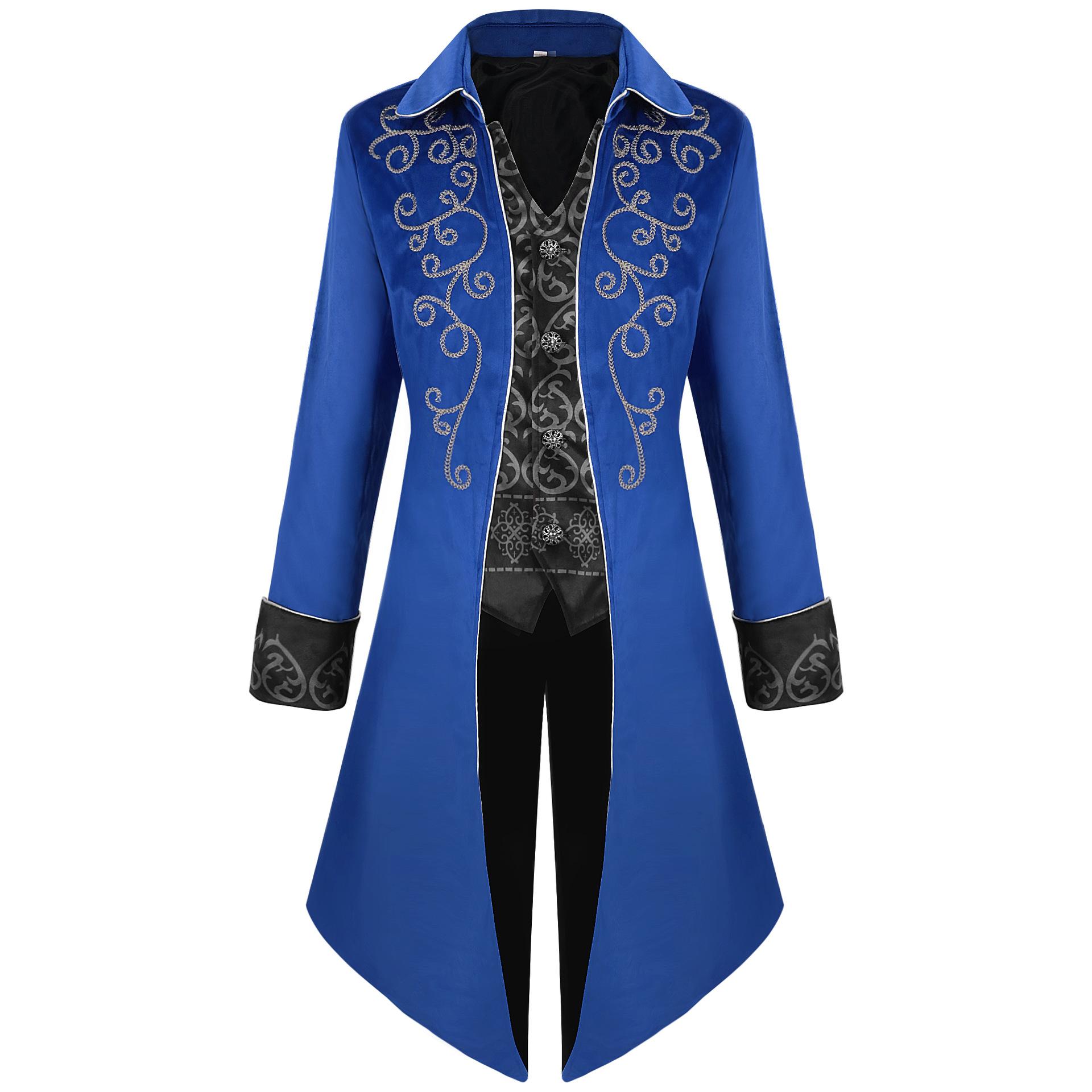 Veste Frac Médiévale Victorienne pour Homme Broderie Palais Smoking Manches Longues Revers Gothique Manteau Costume Pour Fête Halloween Spectacle S bleu