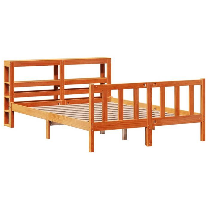 VidaXL Cadre de lit et tête de lit cire marron 135x190 cm bois de pin, lit, cadre de lit en bois massif, meuble de chambre à 3305774