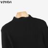 VONDA Autumn Women Turtleneck Long Sleeve Lace Hem Stretch Casual Knitted Sweater Undershirts