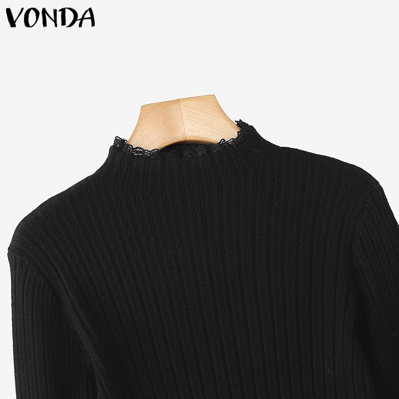 VONDA Autumn Women Turtleneck Long Sleeve Lace Hem Stretch Casual Knitted Sweater Undershirts