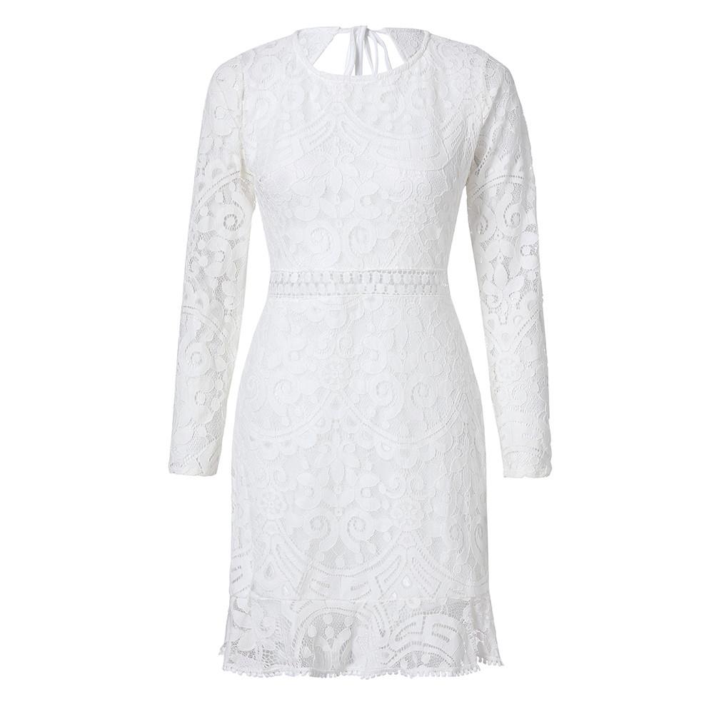 Women Solid O-Neck Lace Patchwork Long Sleeve Backless Party Bandage Dress