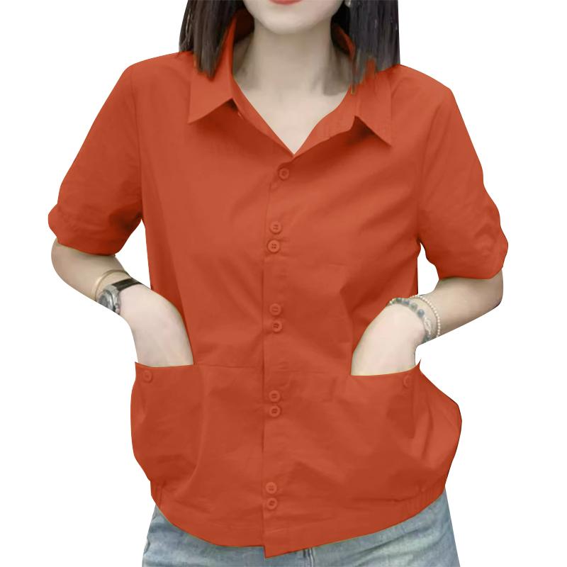 

ZANZEA Женская повседневная однотонная блузка с отложным воротником и коротким рукавом 5XL оранжевый