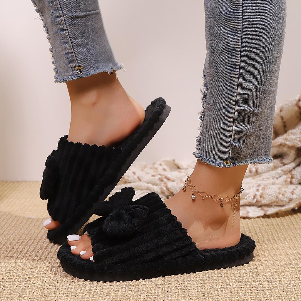 Warme Hausschuhe mit Schleifendekor, lässige Plüschschuhe mit offener Spitze, bequeme Hausschuhe