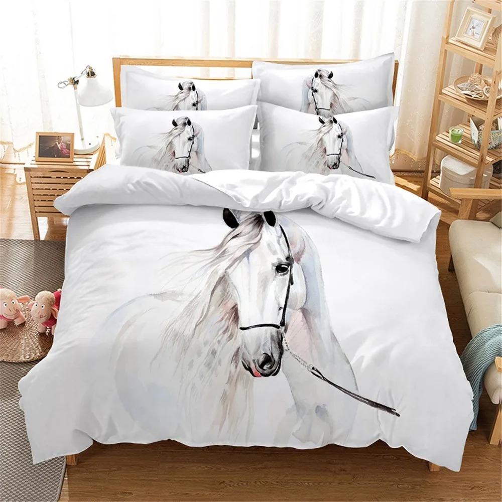 White Horse Bedding Set Boys Girls Twin Queen Size Duvet Cover Pillowcase Bed Kids Adult Fashion Home Textileextile