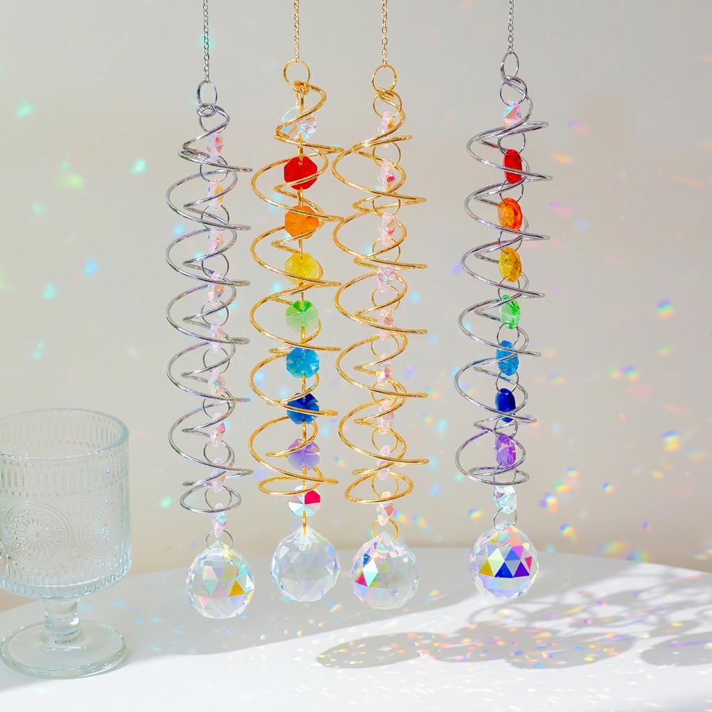 Gazing Ball Spiral Tail Crystal Suncatcher, Rainbow Maker Crystal Beads Sun Catcher Indoor Window Garden Wind Chimes Outdoor