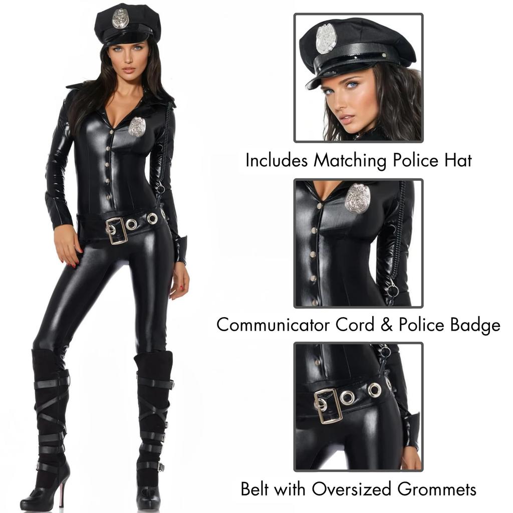 LEG AVENUE Officer Payne and Hat Size 83912 Catsuit, Badge, Belt, 4-Piece Set, Black, L,
