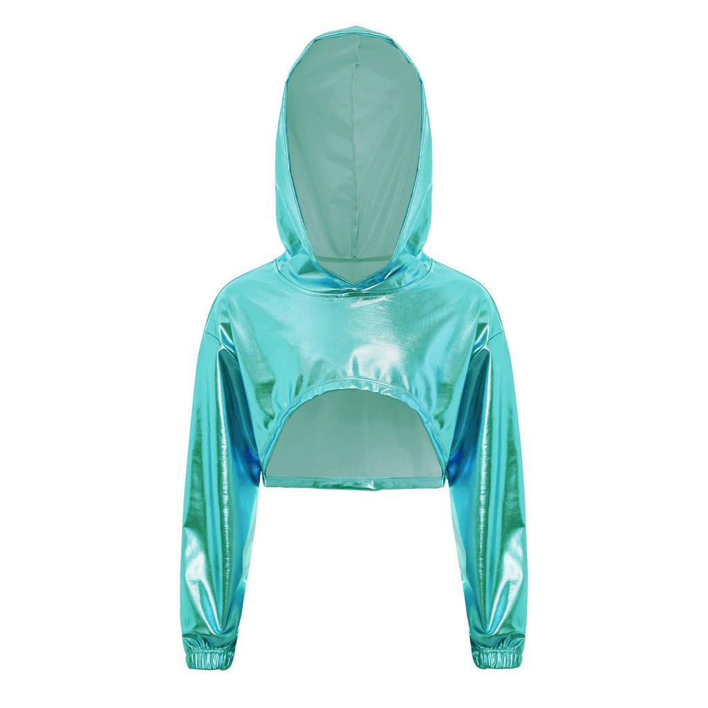 Costume de Performance de Danse Hip Hop Jazz pour Filles Ourlet Asymétrique Sweat à Capuche Métallique Haut Court à Manches Longues