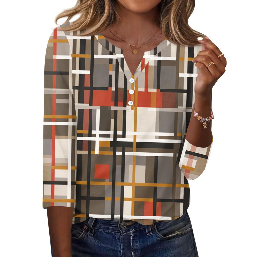 Women's T Shirt Print Button 3/4 Sleeve Daily Weekend Fashion Basic V- Neck Regular Top