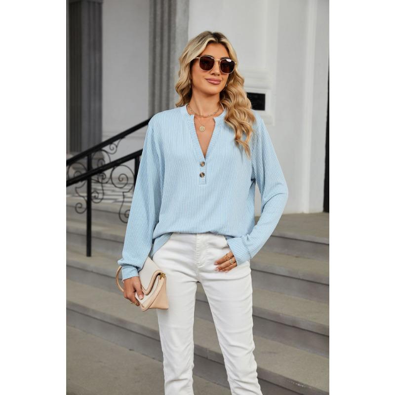 Spring and Autumn Women's Blouse Button Loose V-Neck Striped Long Sleeve Top