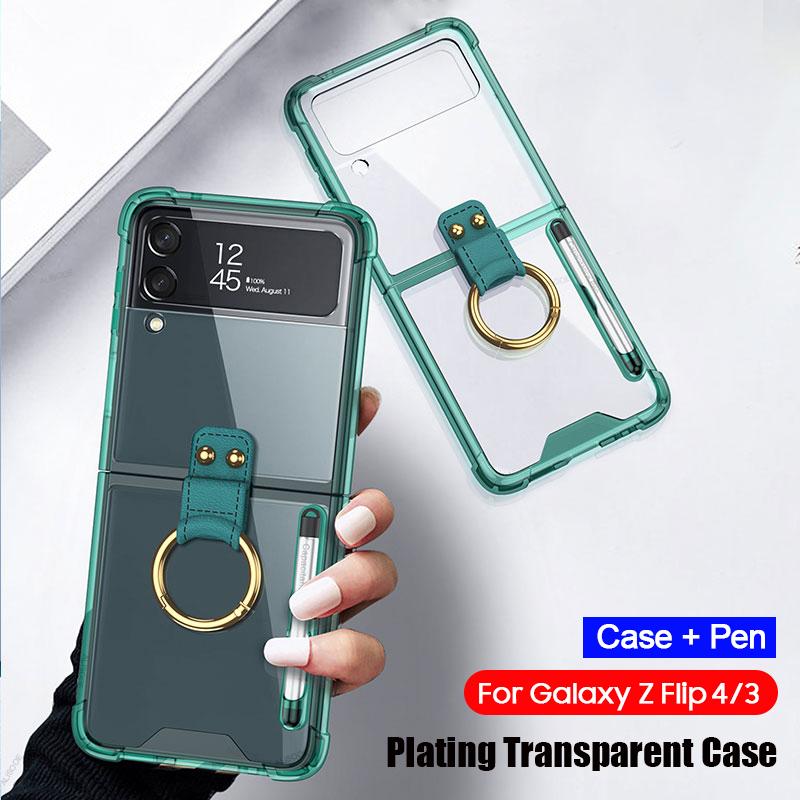 Z Flip 4 Case With Pen For Samsung Galaxy Z Flip 4 3 Flip3 Flip4 5g Case Capacitance Pen Slot Plating Transparent Stand Cover