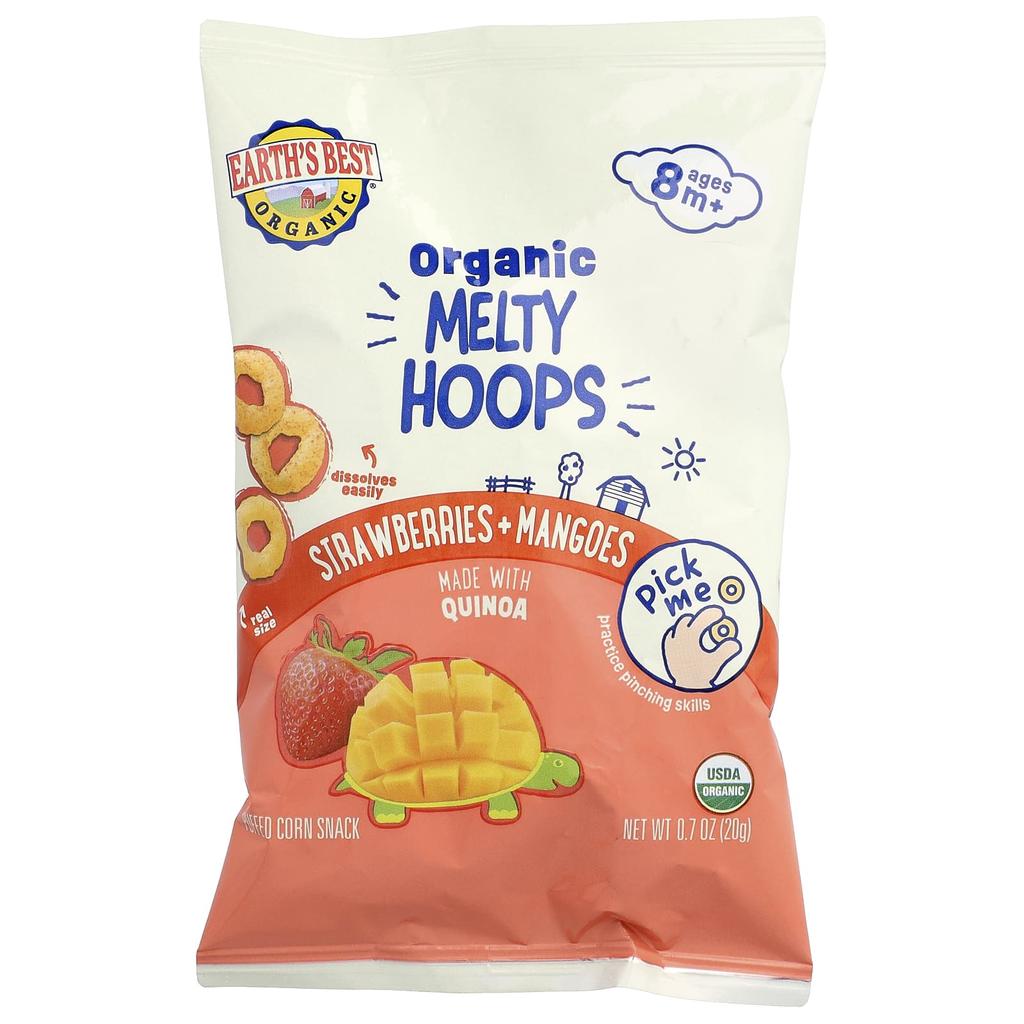 Earth's Best, Organic Melty Hoops, Puffed Corn Snack, 8+ Months, Strawberry + Mango, 20g (0.7oz)