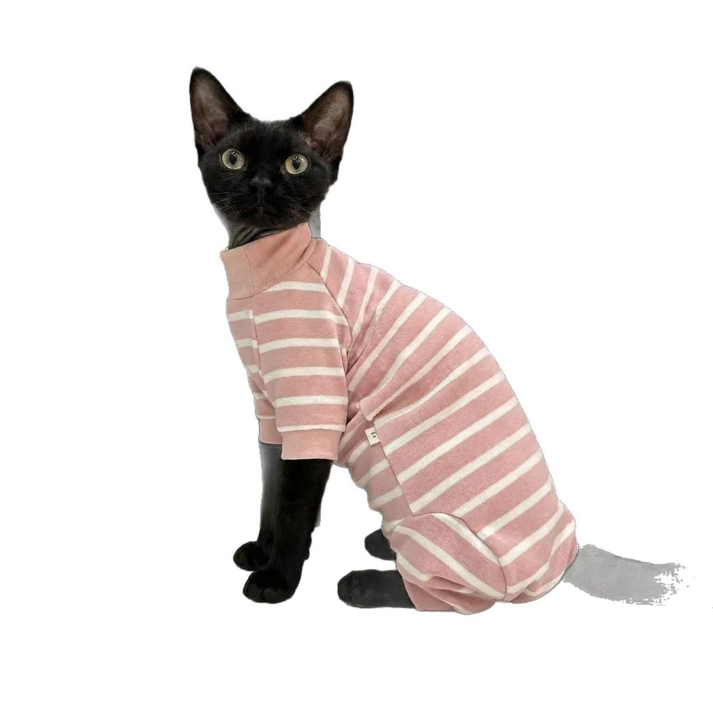 Breathable Striped Summer Suit for Hairless Cats - Anti-Shedding, Super Elastic, Comfortable Four-Legged Design