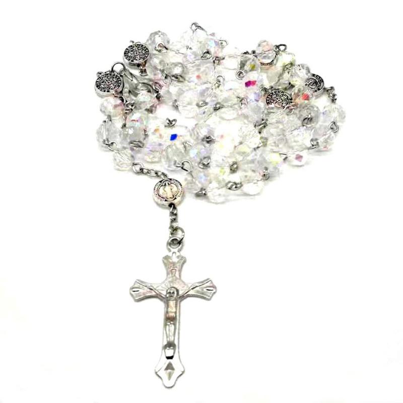 Catholic Necklace Rosary Crystal Beads Long Chain Cross Pendant Necklaces Christian Prayer Meditation Jewelry for Women
