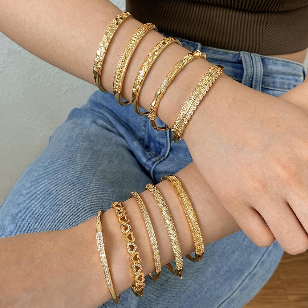 Flashbuy Gold Color Chic Inlaid Zircon Copper Bangle Bracelet For Women Statement New Design Temperament Wrist Fashion Zircon