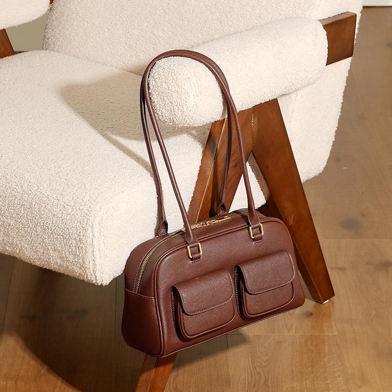 Genuine Leather Vintage Underarm Bag Bowling Bag Boston Underarm Bag Shoulder Bag Women's Bag