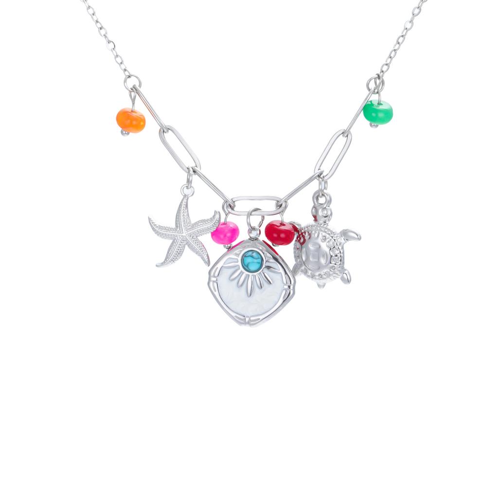 1pc Fashionable Women's Stainless Steel Sunstar Turtle Colorful Beaded Pendant Necklace, Unique  Elegant Necklace Gift For Friends