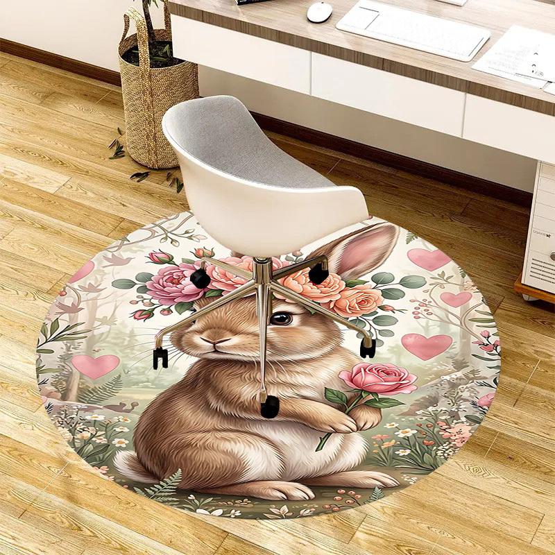 1PC Floral Bunny Non-Slip Floor Round carpet, Office, family, bedroom, Large Area Rug Indoor Rugs,  Durable Polyester-L0413
