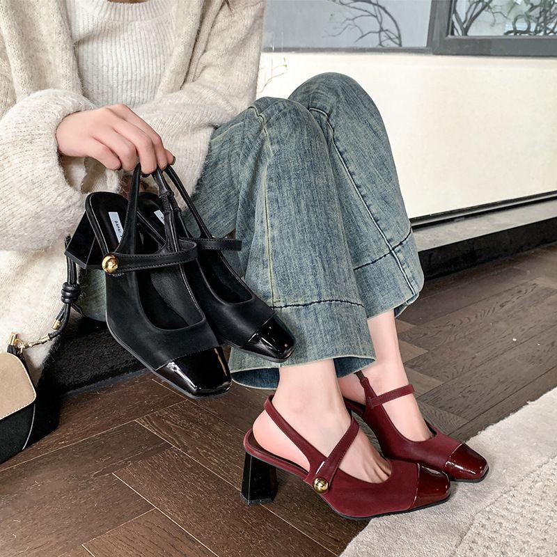 High heels Mary Jane shoes evening shoes single shoes French spring and summer soft sole with skirt square head bag head sandals women's thick