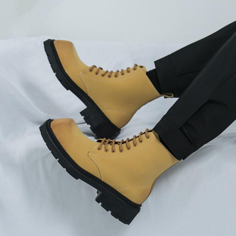 Men’s Retro Punk Thick Sole Platform Boots Jockey Boots Yellow Square Toe Motorcycle Boots High Boots Plus Size