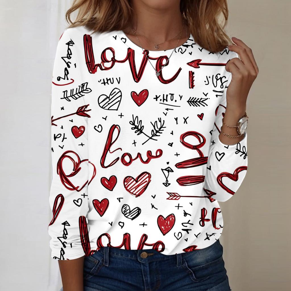 Women's Heart,shaped Printed Round,neck Loose Long,sleeved Top