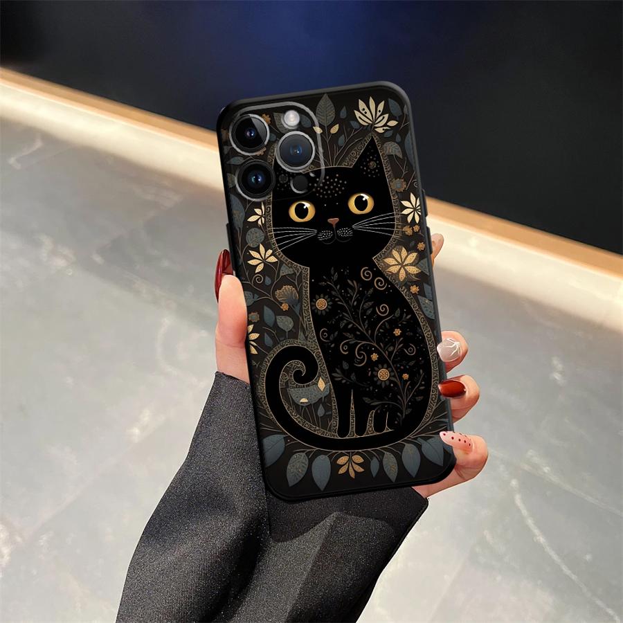 Black Soft Phone Cover Case for iPhone 17Air XS Max XR 7 8 15 16 14 Plus 13 12 11 17 Pro Max Cartoon Cat
