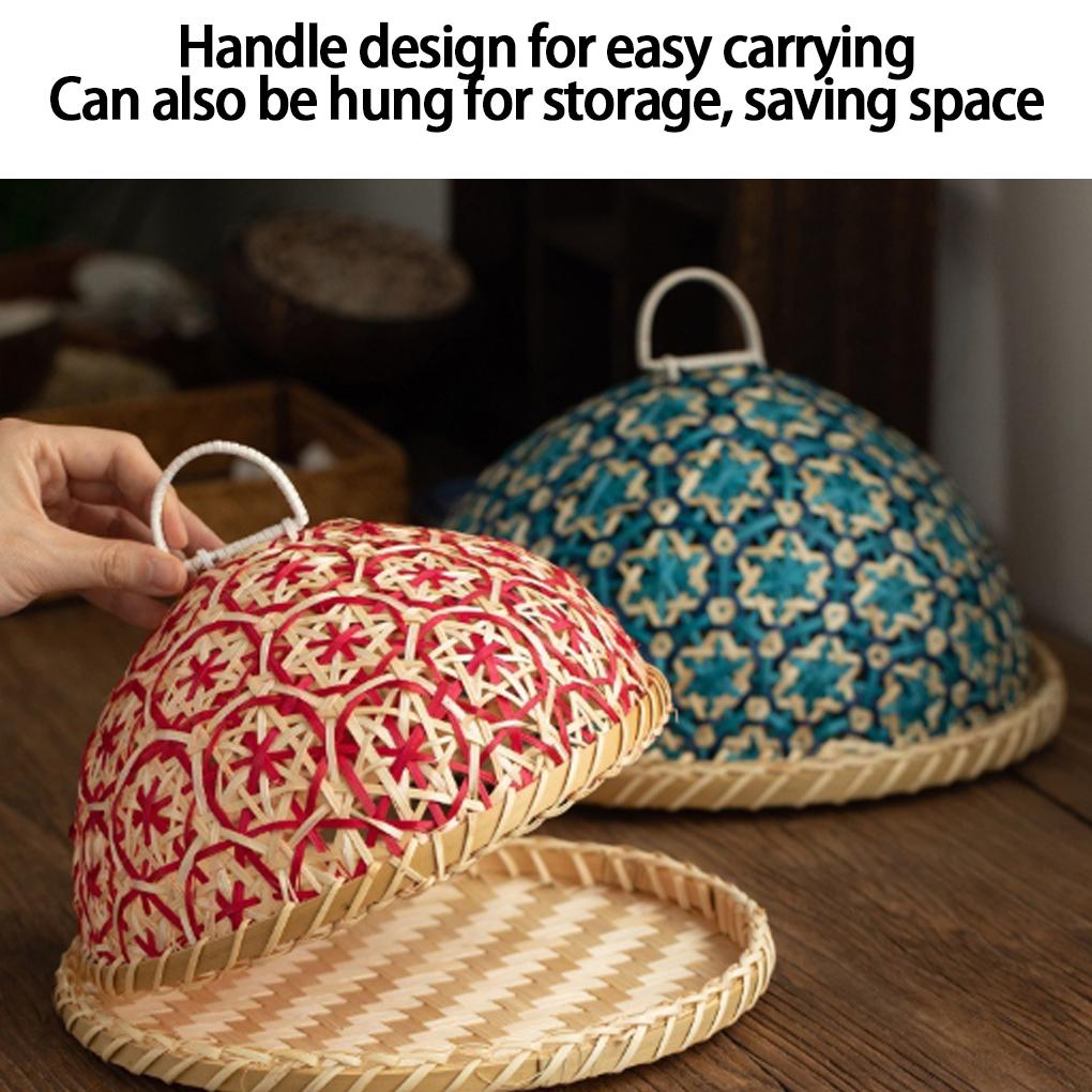 Hand-woven Rattan Fruit Plate with Round Lid Insect Proof Bread Basket Umbrella Cover for Kitchen Dining Table Fruit