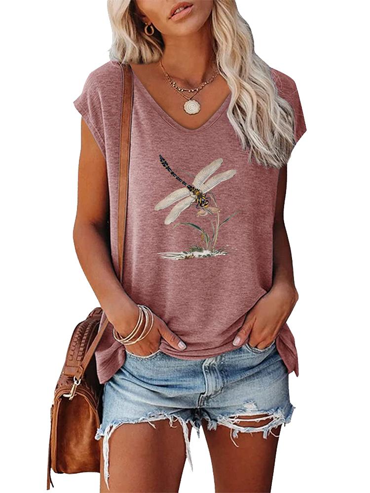 

Women Fashion V Neck Printed T-shirt Summer Casual Short Sleeve Top XXL розовый
