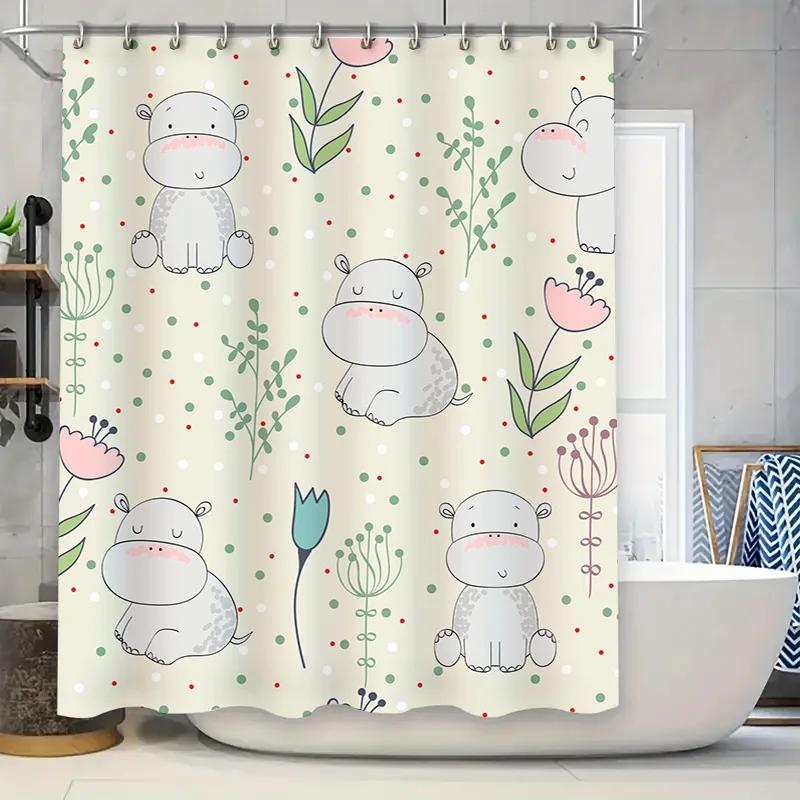 Adorable Hippo Family Shower Curtain Neutral Colors With Greenery Flowers For Bathroom Decorations Set Inclusive