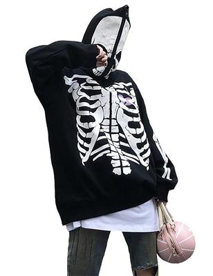 TOWYYO Funny Skull Print Hoodie, Zip-Up Hoodie, Long Sleeve, Sickly Cute, Unisex, Fashionable, Spring, Autumn, Winter, Black, Size XL