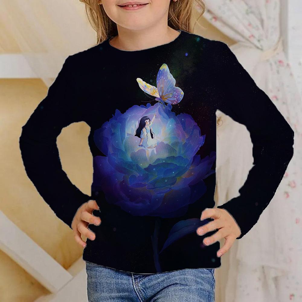 Children's Butterfly Pattern 3D Digital Printing Girl's Casual and Comfortable Round Neck Long Sleeve T-shirt