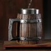 Viking Wood Style Beer Mug Simulation Wooden Barrel Beer Cup Double Wall Drinking Mug Metal Insulated Bar Drinking